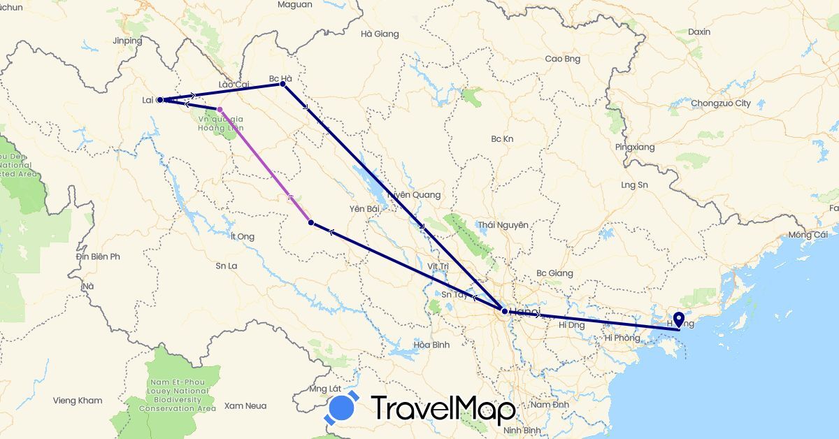 TravelMap itinerary: driving, train in Vietnam (Asia)